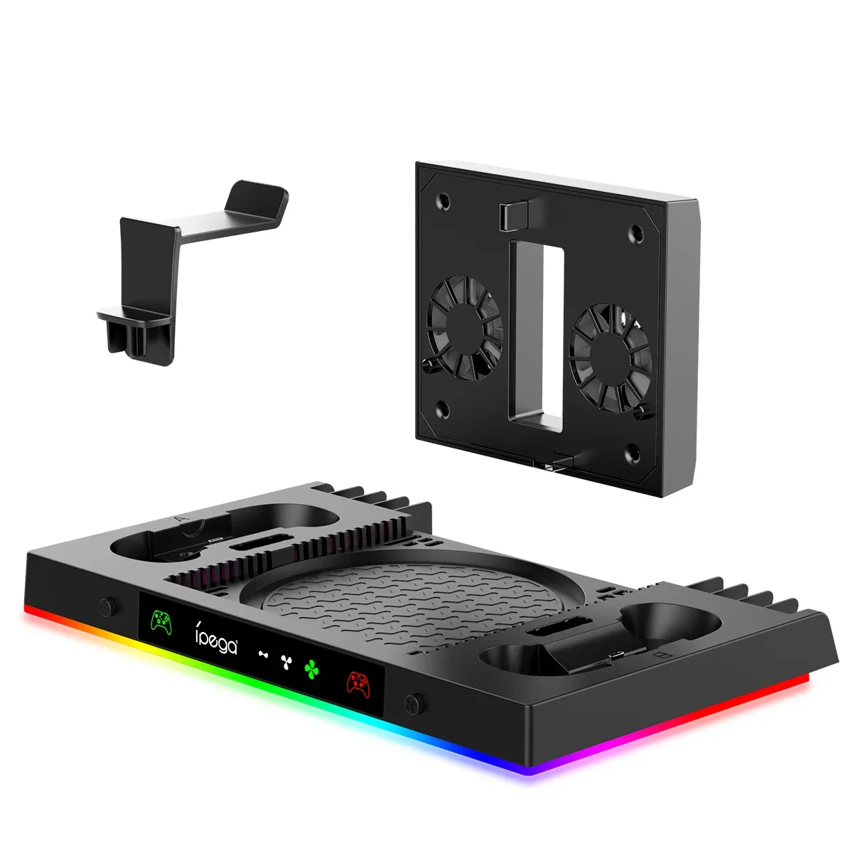 حامل مروحة التبريد ومحطة شحن لوحدة التحكم ووحدة التحكم Xbox Series X مع ضوء ملون 15RGB مع ملحقات خطاف سماعة الرأس