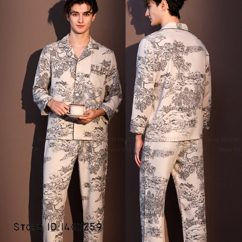 Plus Size Chinese Style Men Pajamas Set Loungewear Ice Silk Linen Long Sleeve Trouser Pijamas Suit Spring Male Homewear Pyjama