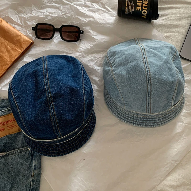 Ins Popular Retro Denim Short Brim Bucket Hats for Women and Men Spring Summer Travel Versatile Sunscreen Personality Stack Cap