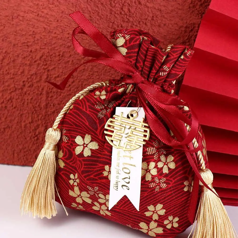 Sakura Canvas Flower Drawstring Bag Stripe Pearl Pendant Wedding Candy Bag Coin Purse Wallet Storage Bag Ribbon Bow Wrist Bag