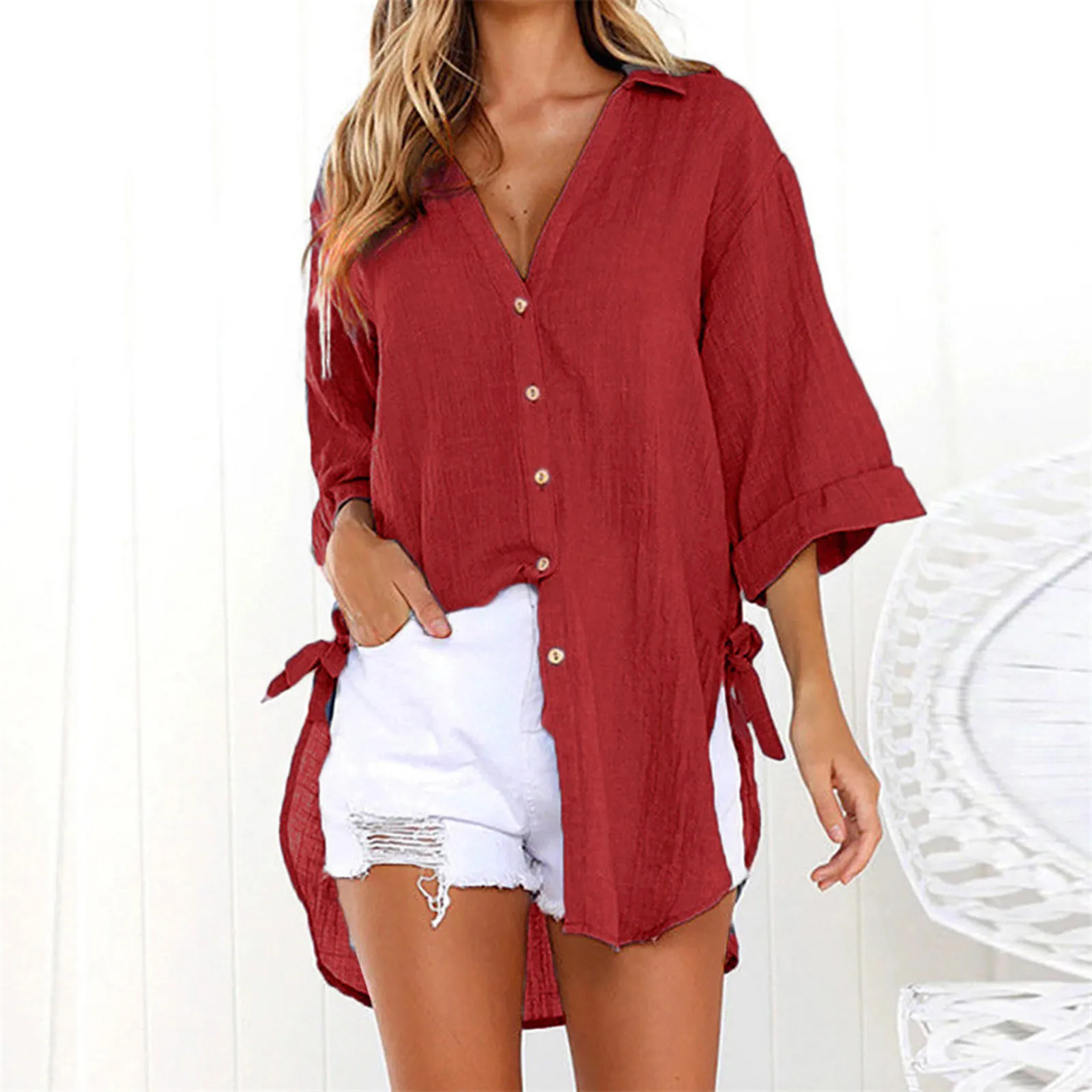 

Women Blouses 2024 Summer Linen Shirts Women Loose Irregular Hem Belt Buttons Top Woman Turn Down Collar Shirt Roupas Femininas