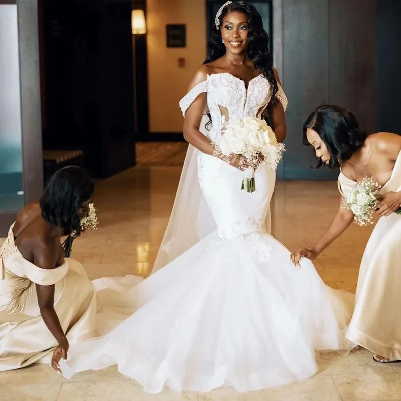 

Customized Plus Size Aso Ebi Wedding Dresses Mermaid Off Shoulder Illusion Sexy Bridal Gowns for African Arabic Nigeria Black