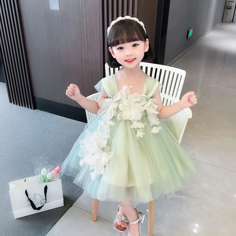 Sweet Light Green Flower Girl Cute Square Collar Sleeveless Flower Appliques Party Gown Casual Knee-Length A-Line Dress