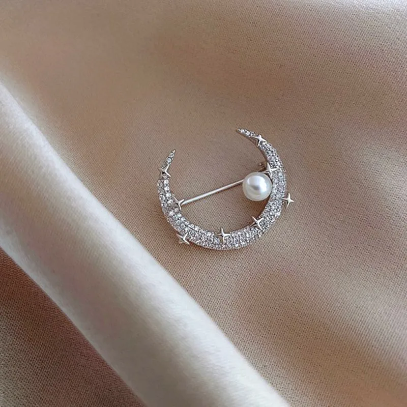 Moon Brooches Korean Fashion Star Imitation Pearl Brooch For Women Men Party Office Lapel Pins Corsage Jewelry Gifts