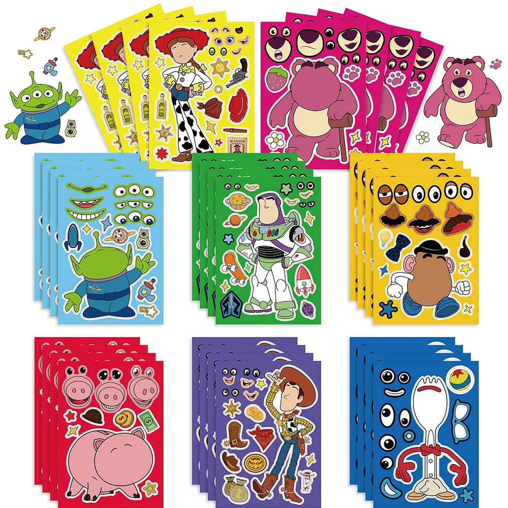 

8/16Sheets Disney Toy Story Children Puzzle Anime Stickers Make-a-Face Assemble Funny Cartoon Decal Assemble Jigsaw Boy Toy Gift