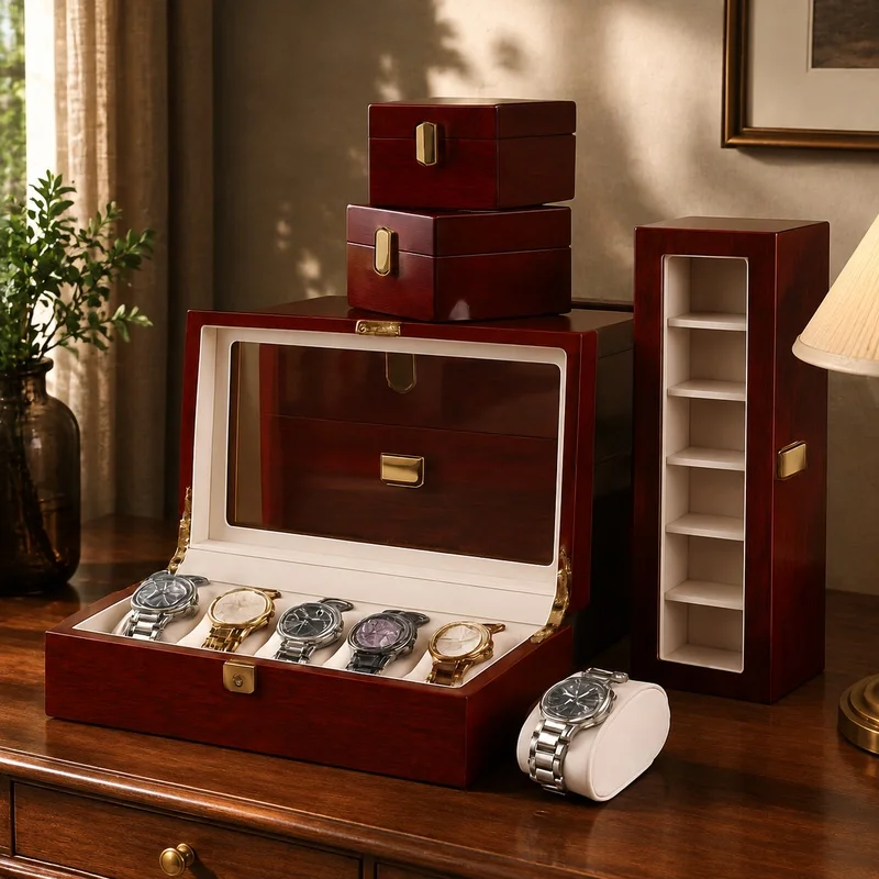 Wooden Jewelry and Watch Organizer with Multiple Compartments, 1 to 12 Slot Storage Box for Men and Women