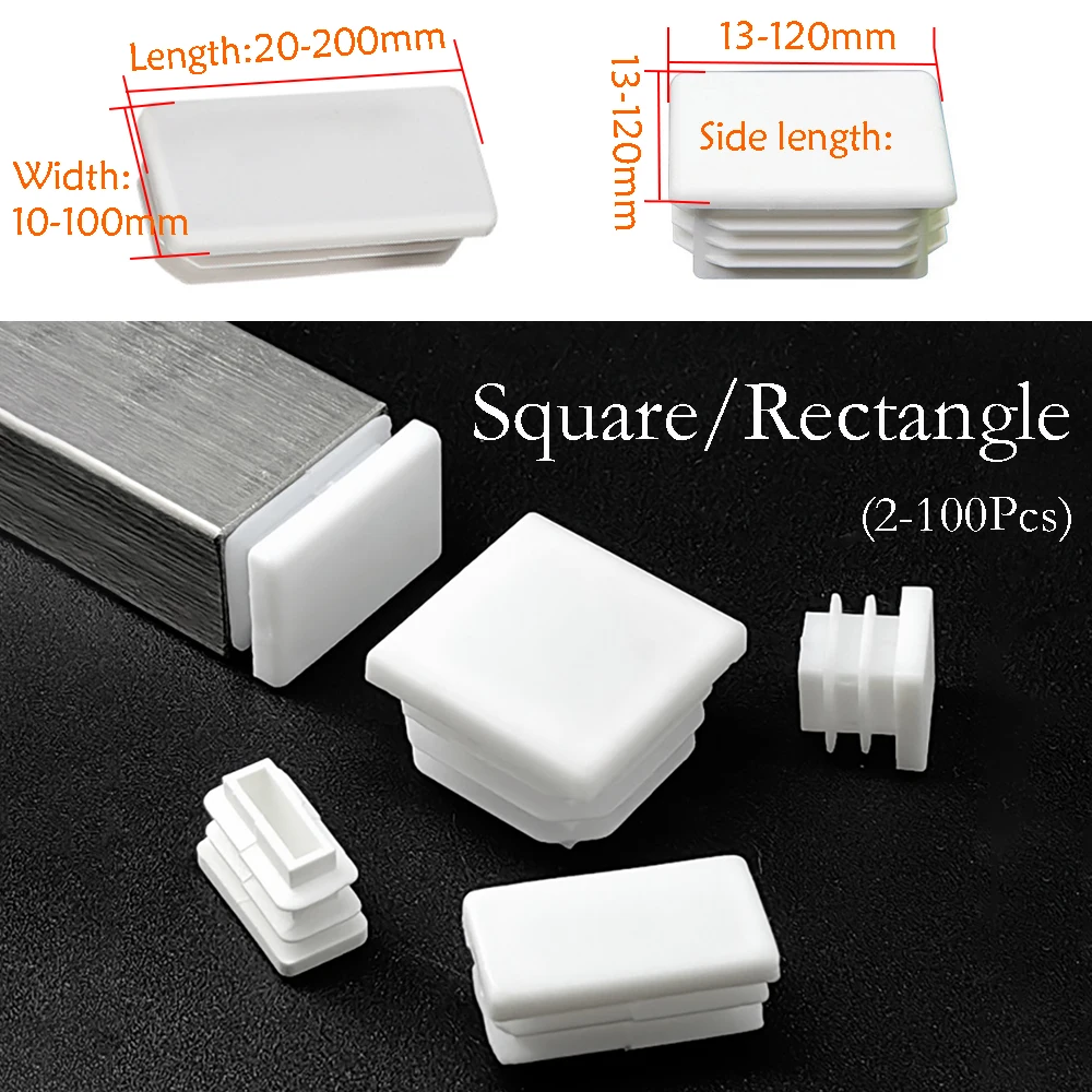 Square/Rectangle White Plastic Blanking End Cap Pipe Tube Inserts Plugs Bung Cover Steel Table Leg Feet Pad 10x20mm to 100x200mm