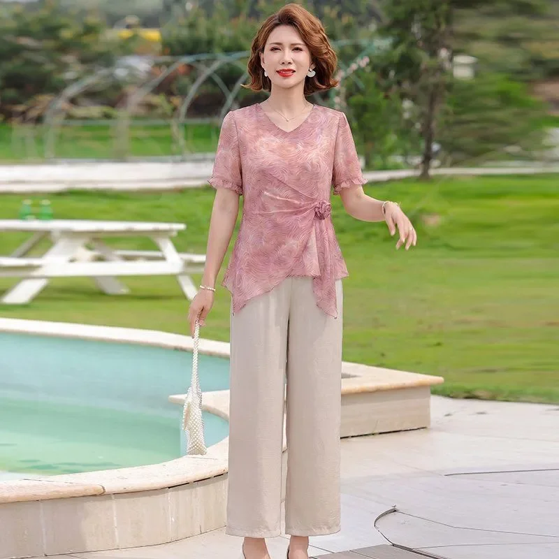 

Women's Elegant Chiffon Blouse and Pants 2PCS Set for Middle Aged Ladies Summer
