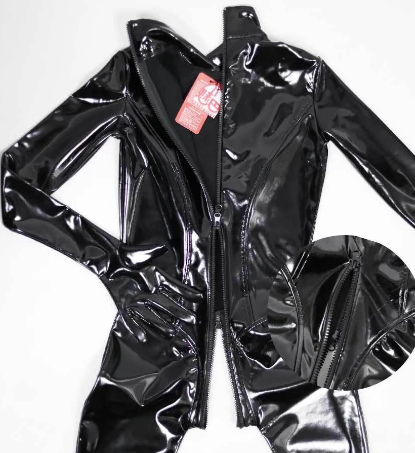 섹시한 Wetlook PVC 라텍스 바디 슈트 여성용 더블 지퍼 반짝 이는 가죽 Catsuit 가짜 점프 슈트 나이트 클럽 PU 코스프레 의상