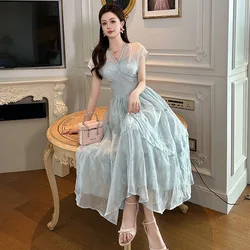 A-Leibniz - Women's Clothing, V Neck, Waist-Cinching, Printing, Dresses, Socialite, Elegant, Holiday Long Skirts