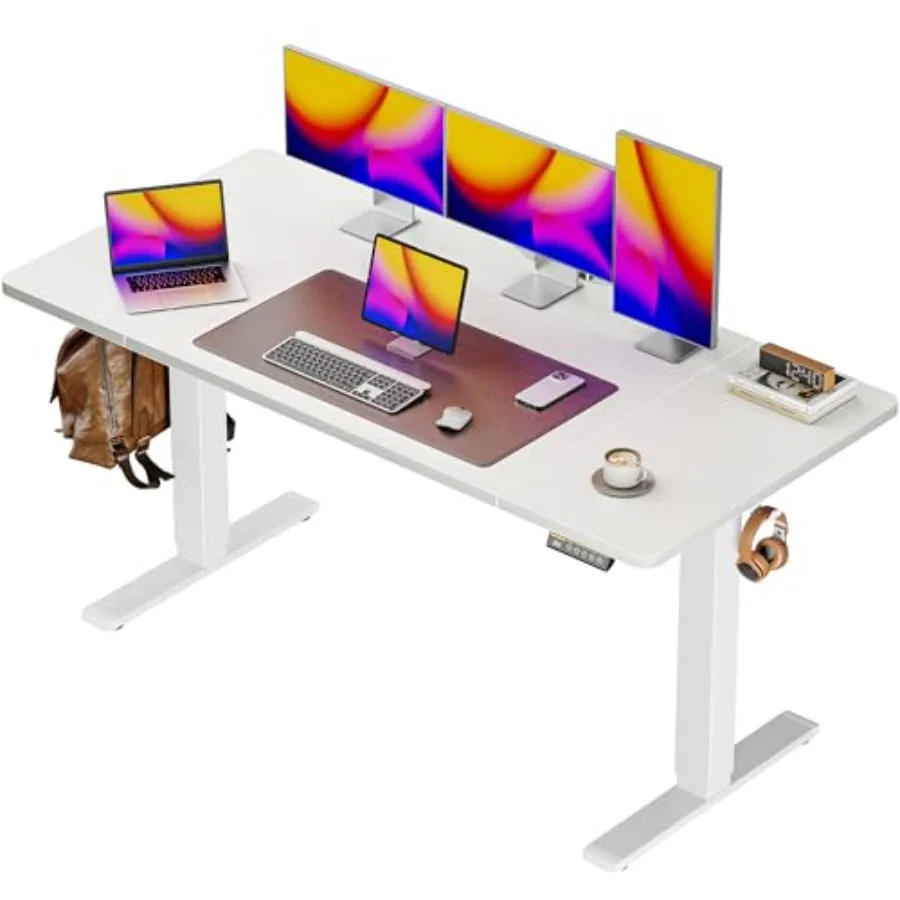 Large electric standing desk for home office, steel frame, black, height adjustable with 3 preset heights, 55 x 28 inches, 27.6