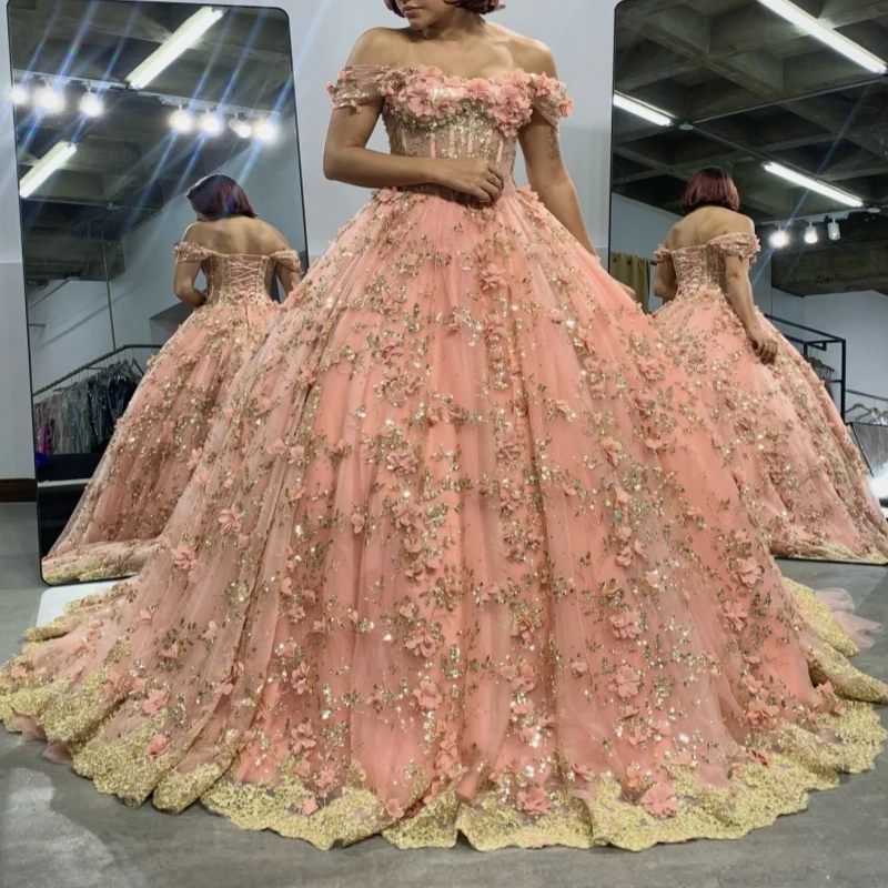 

Pink Shiny Quinceanera Dresses Off The Shoulder Gold Applique Flower Beading Crystal Tull Party Birthday Sweet 16 Dress Vestidos