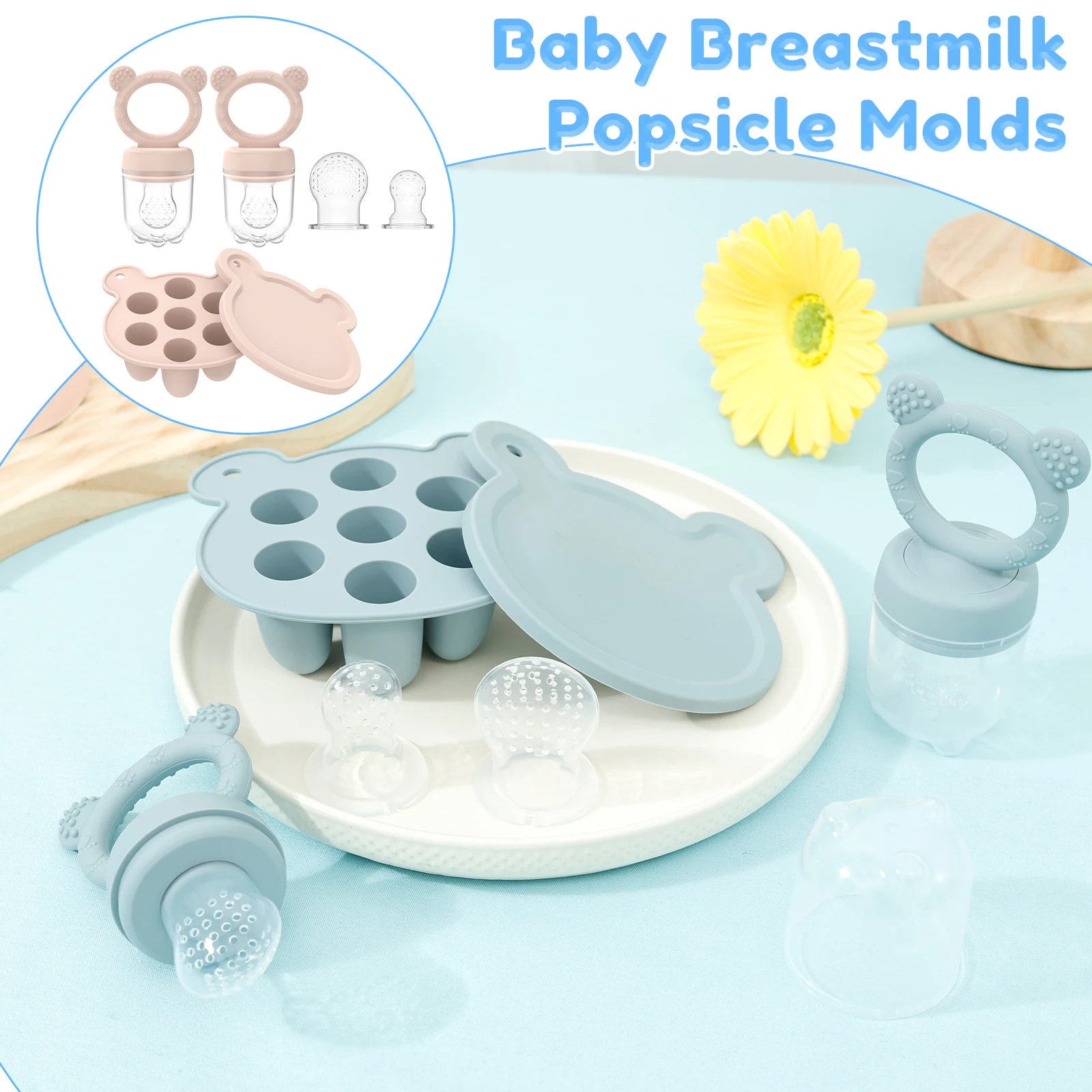 Baby Food Feeder and Ice Tray Set BPA Free Silicone Breastmilk Popsicle Freezer Molds Safe Reusable Baby Food Containers