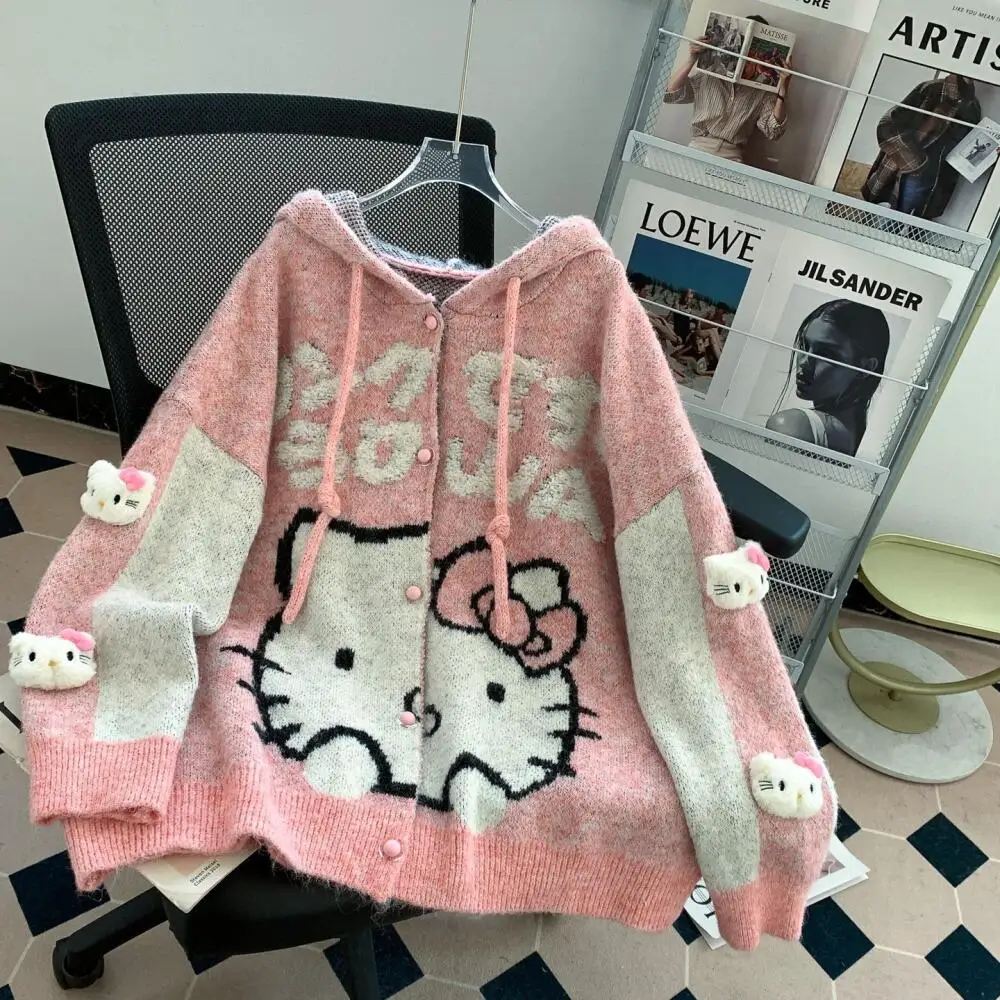 

Kawaii Cardigan Sweater Hello Kitty Women Sanrioed Anime Cartoon Spring Knitting Tops Cute Sweet Girl Student Leisure Loose Soft