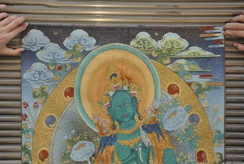 Old Antique Tibetan Buddhism Silk Embroidery buddhism thangka Green Tara buddha god statue