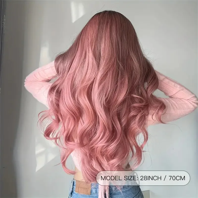 Lolita Pink Hair Long Wavy Synthetic Wigs Middle Part Dark Root Curly Wigs for Women Natural Daily Heat Resistant Fiber Wigs