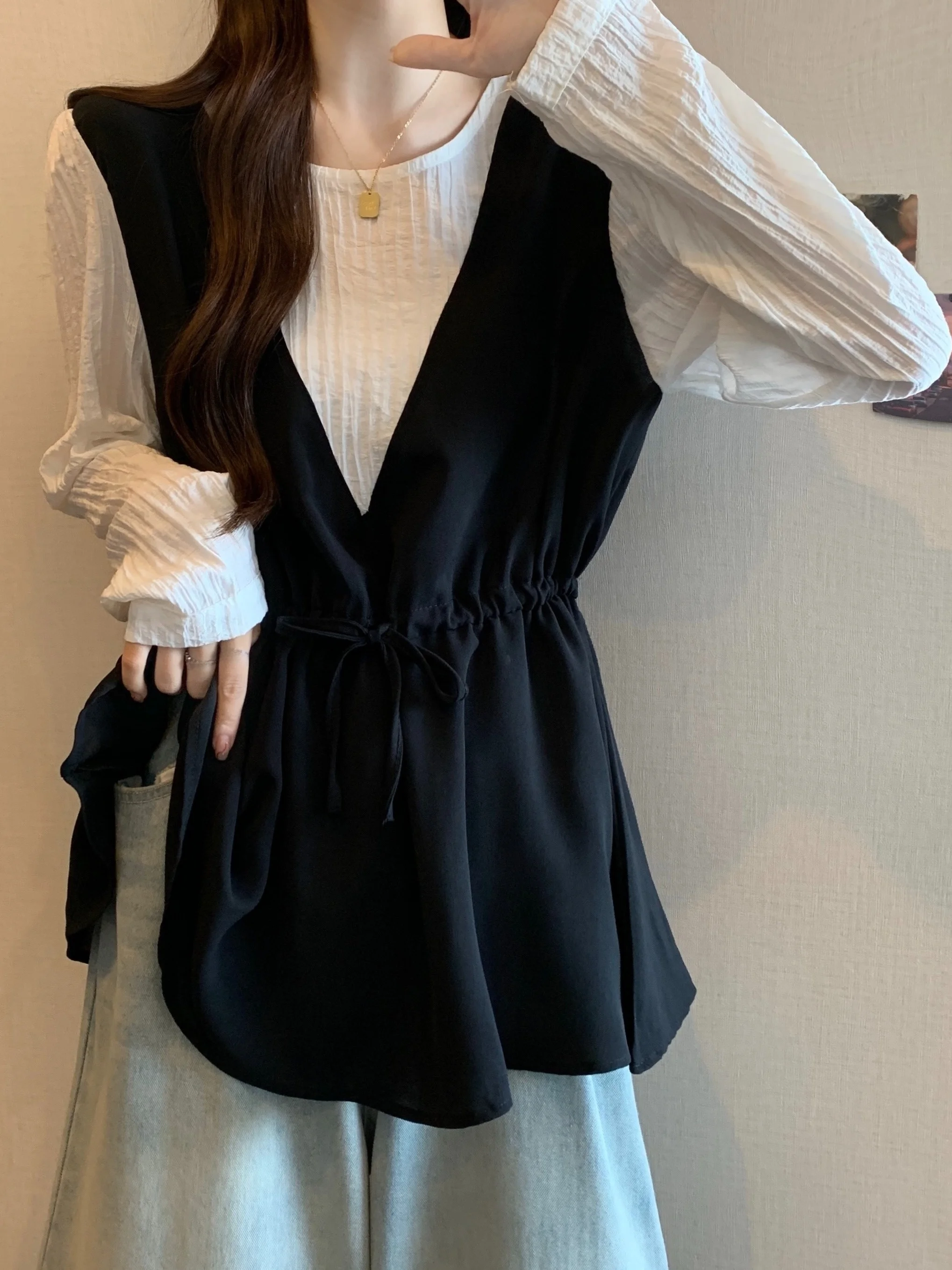 Slimming V-Ne Long Sve irt Women's plus Size Casual Sle Patchwork Top Belly Covering Waist-Cinching Autumn Faion