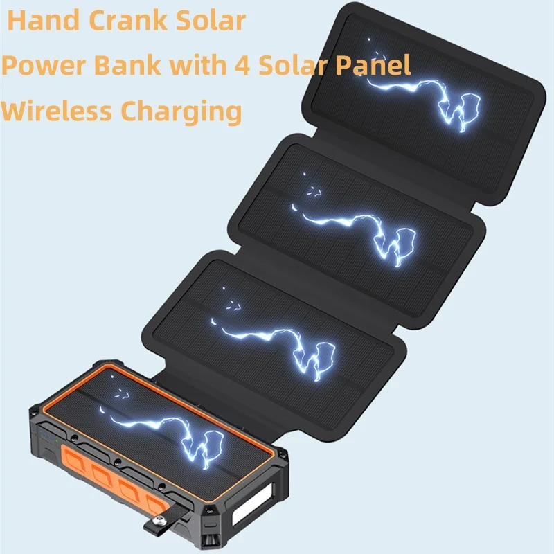 20000mAh Hand Crank Solar Power Bank Dual USB Port Wireless Portable Charger for iPhone 15 X Huawei Samsung Powerbank with Light