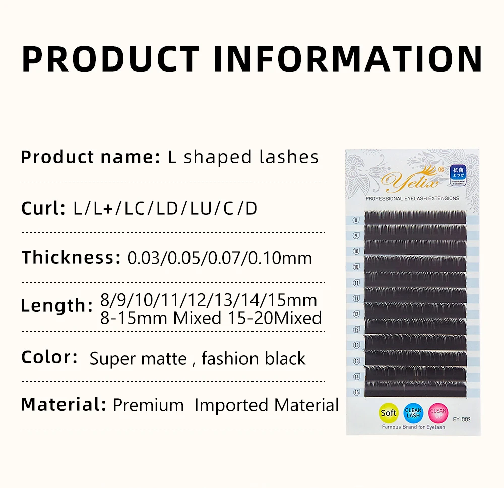Yelix L-förmige Einzel-Wimpernverlängerungen, supermatt-schwarze Faux-Mink-Wimpern, weiche, hochwertige synthetische Make-up-Wimpern. – Detail 2