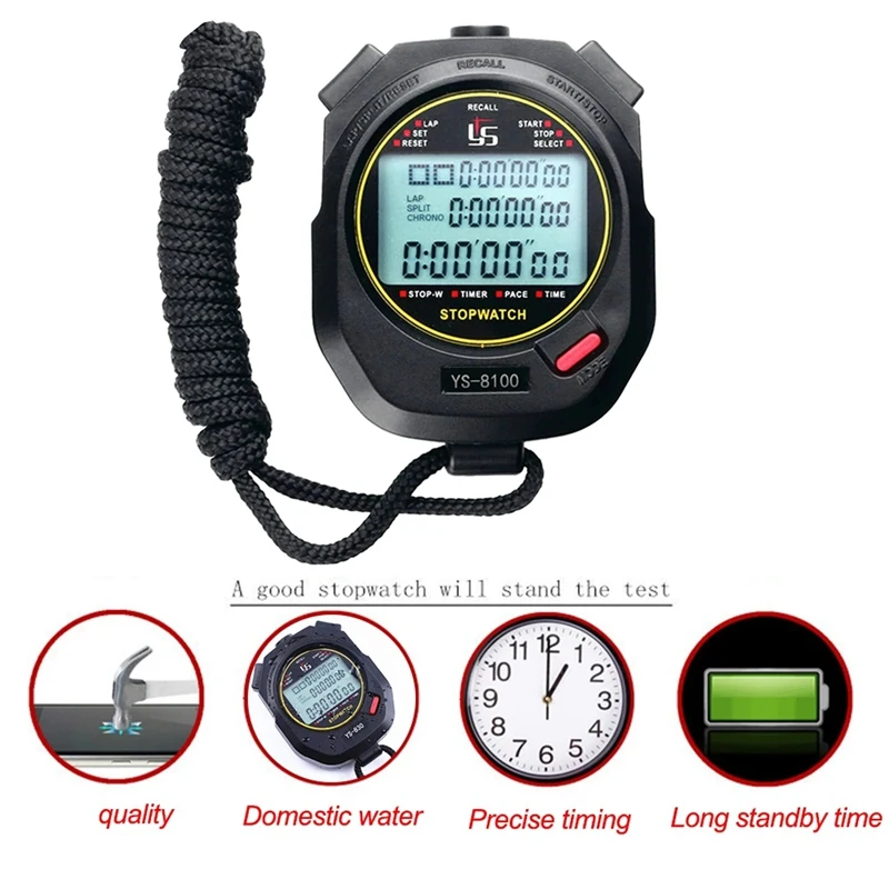 B34B-Sport Handheld Stopwatch Timer Alarm Clock Digital Stopwatch1/1000 Second Timing Electronic Chronograph Timer YS-8100
