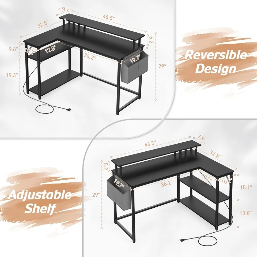 Mr IRONSTONE L Shaped Desk Power Outlets & LED Lights, Computer Desk Long Monitor Stand, 47 Inch Office Desk, Small Space