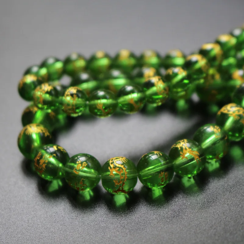 10Piece/lot 8mm 10mm Glass Beads Green Color with Carving Gold Dragon  Fashion Beads For Jewelry Making