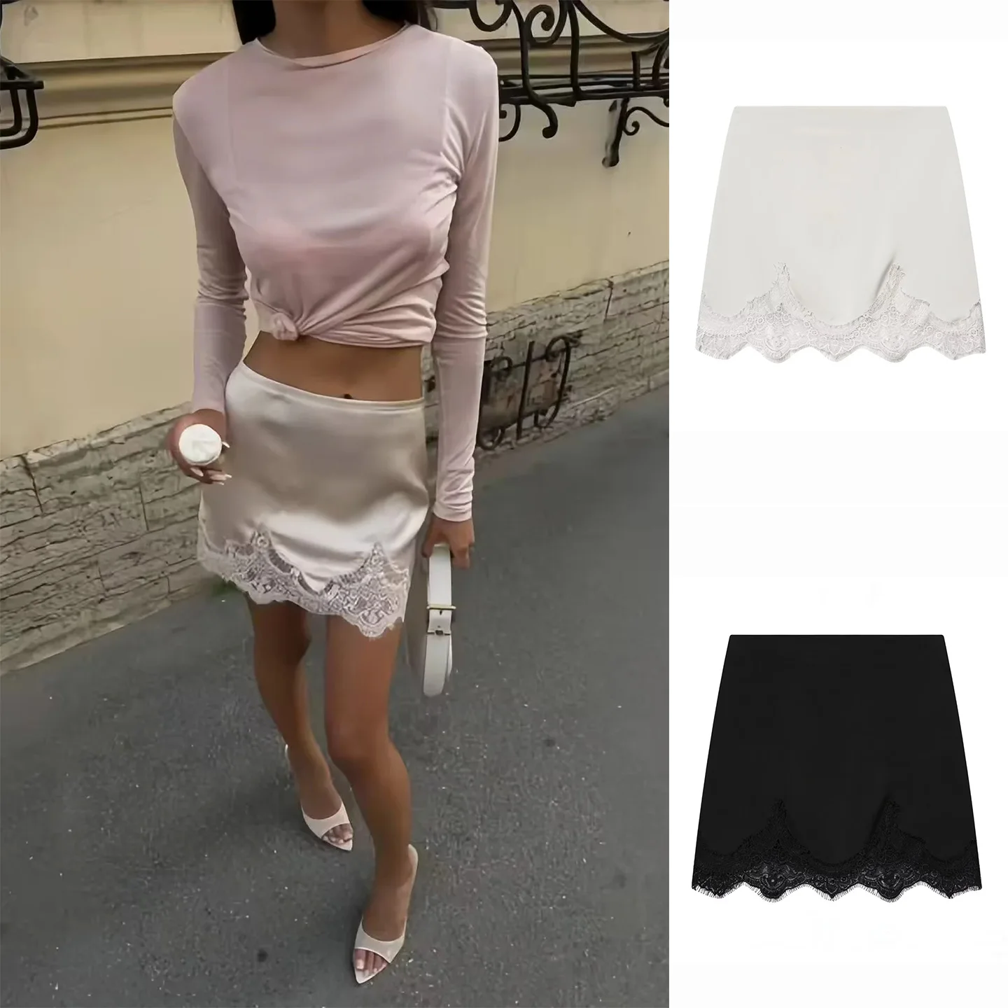 

Новинка весенней коллекции: женская облегающая юбка-миди с высокой талией, кружевными вставками и подолом, из полиэстера.