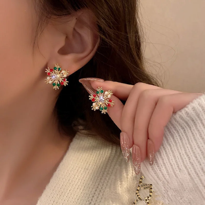 Exquisite Colorful Zircon Pearl Snowflake Christmas Earrings For Women Korean Fashion  Xmas Stud Earring New Year Jewelry Gift