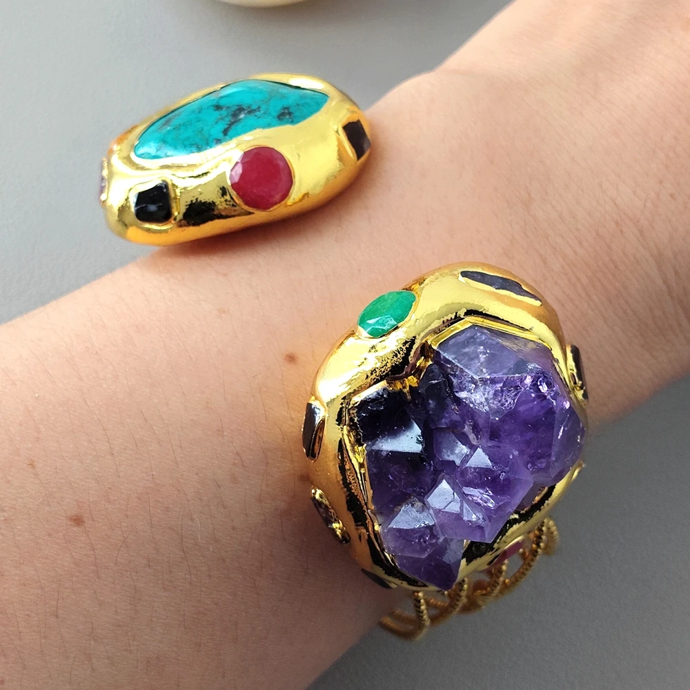 

YYGEM 30mm Purple Amethyst Raw Druzy 25mm Green Turquoise Bangle Cuff Bracelet