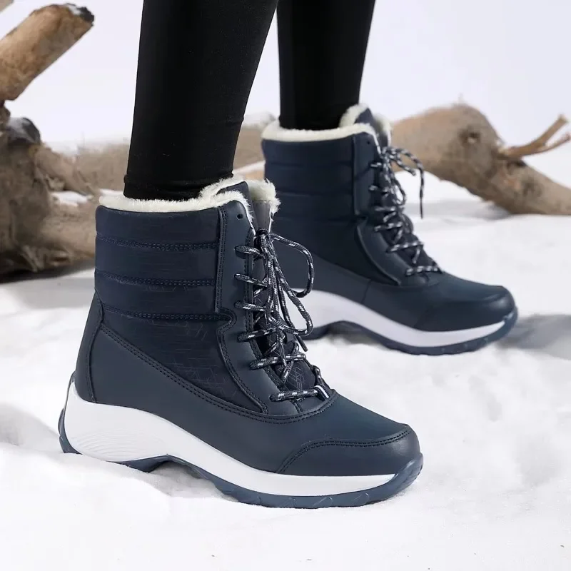 Women Winter Snow Boots Warm Faux Fur Lined Mid Calf Boots Lace Up Non Slip Platform Waterproof Comfortable Wear Resistant Shoes