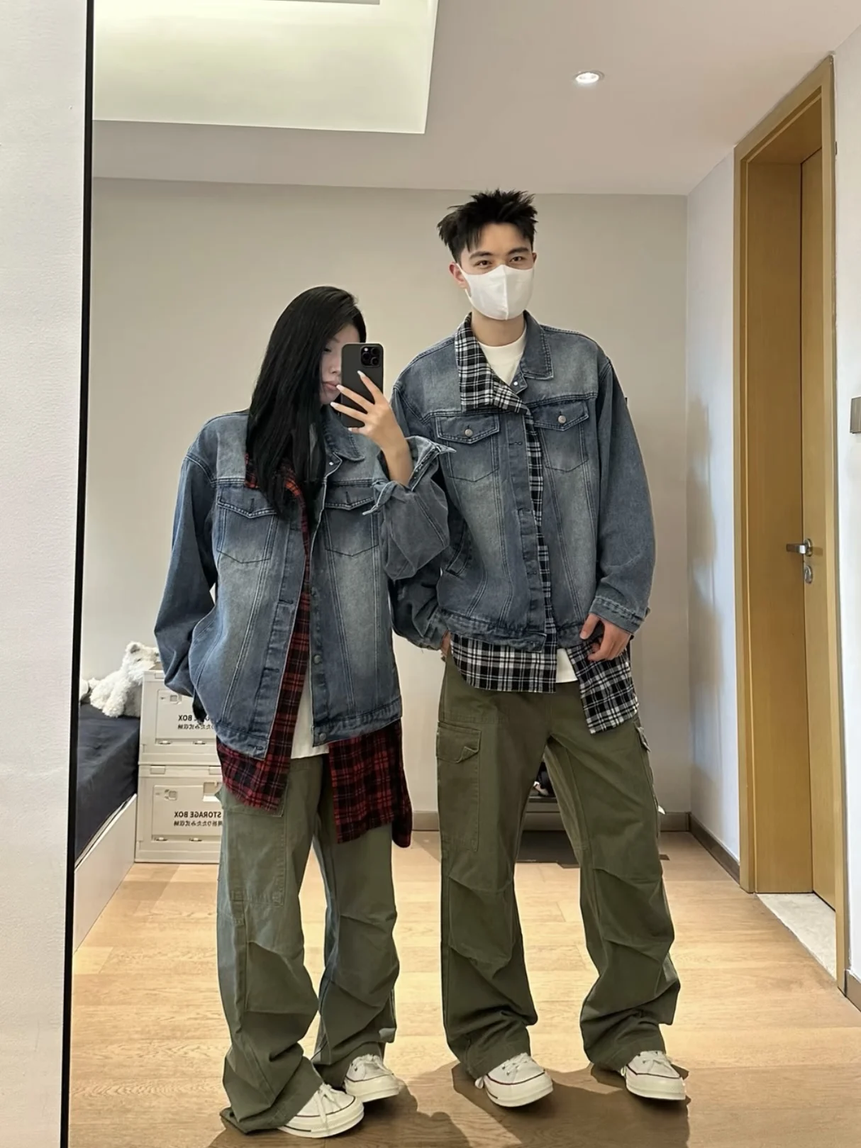

Retro American Plaid irt Jeans Jaet Loose ex Fake Two-Piece Couple's Trendy Outerwear Long Sve Button-Up Coat