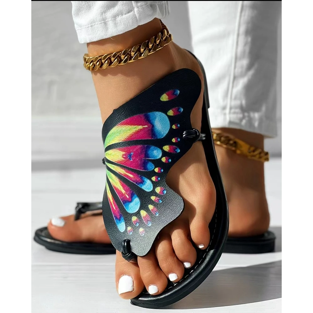 Summer Women Colorblock Butterfly Print Toe Post Slipper Casual Design Outdoor Beach Sandals Shoes Going Out Summer Shoes