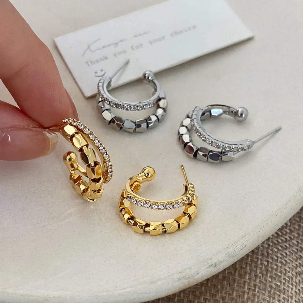 

Luxury Zircon Bead Multilayer C Shaped Stud Earrings for Women 925 Silver Needle Geometric Hoop Earrings Party Jewelry