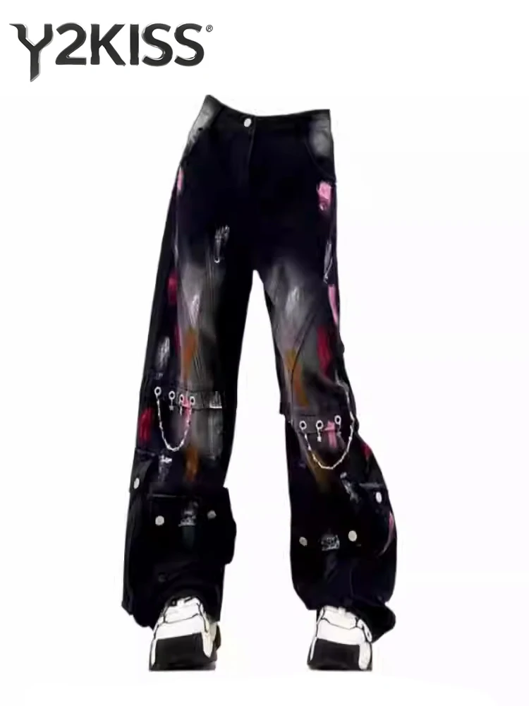 Women's Baggy Graffiti Jeans Y2k Japanese Streetwear Hip-pop Punk Denim Pants Wide Fit Grunge Hip-pop Harajuku Cowboy 2000s Chic