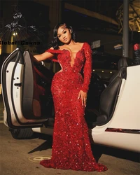 Red One Shoulder Luxury Deal Long Prom Dress For Black Girls 2026 Bead Rhinestone Birthday Party Dresses Evening Gown Customized