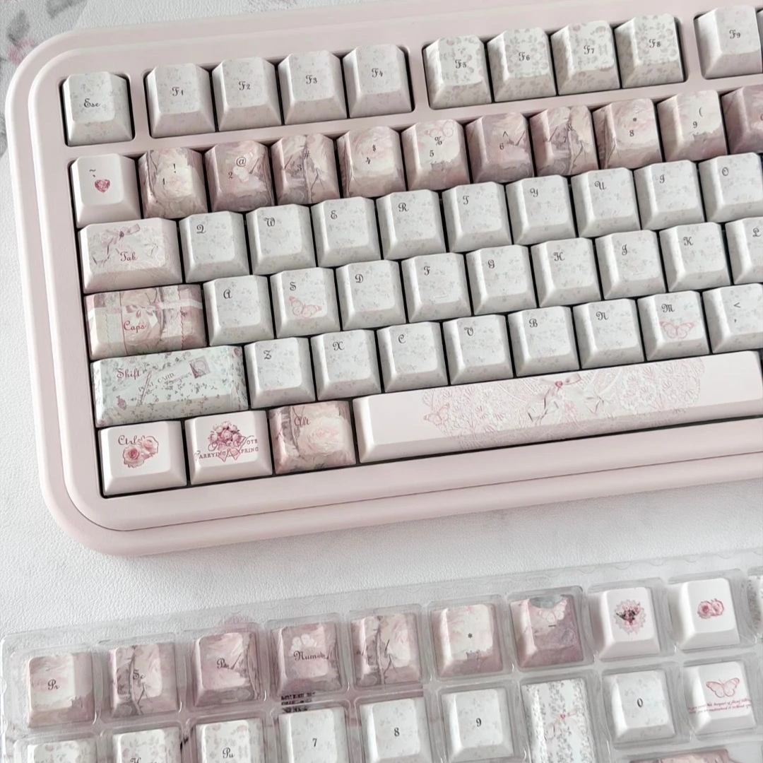 Lily Rose Theme Pink Keycaps Set PBT Sublimation Keyboard Caps Custom Cherry Profile Keycaps for Mechanical Keyboard Accessories