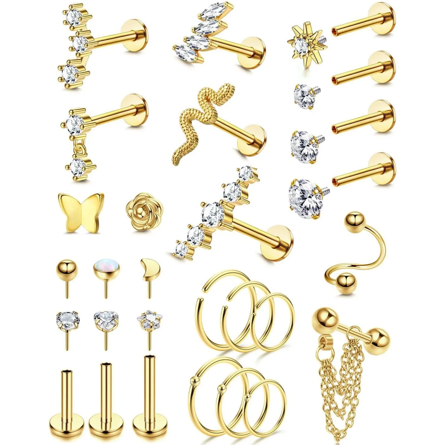 

Florideco 25 шт. 16 г серьги-хрящи для женщин, обруч-гвоздик из нержавеющей стали, спираль, губная серьга, нос, раковина, Daith, козелок, ювелирные изделия для пирсинга