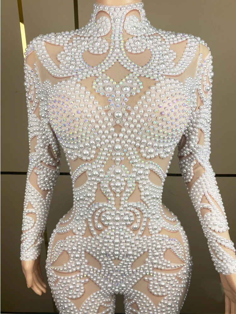 Luxury White Pearls Long Sleeves Women Bodysuit Transparent Mesh Outfit Christmas Party Dance Show Stage Performance Costume