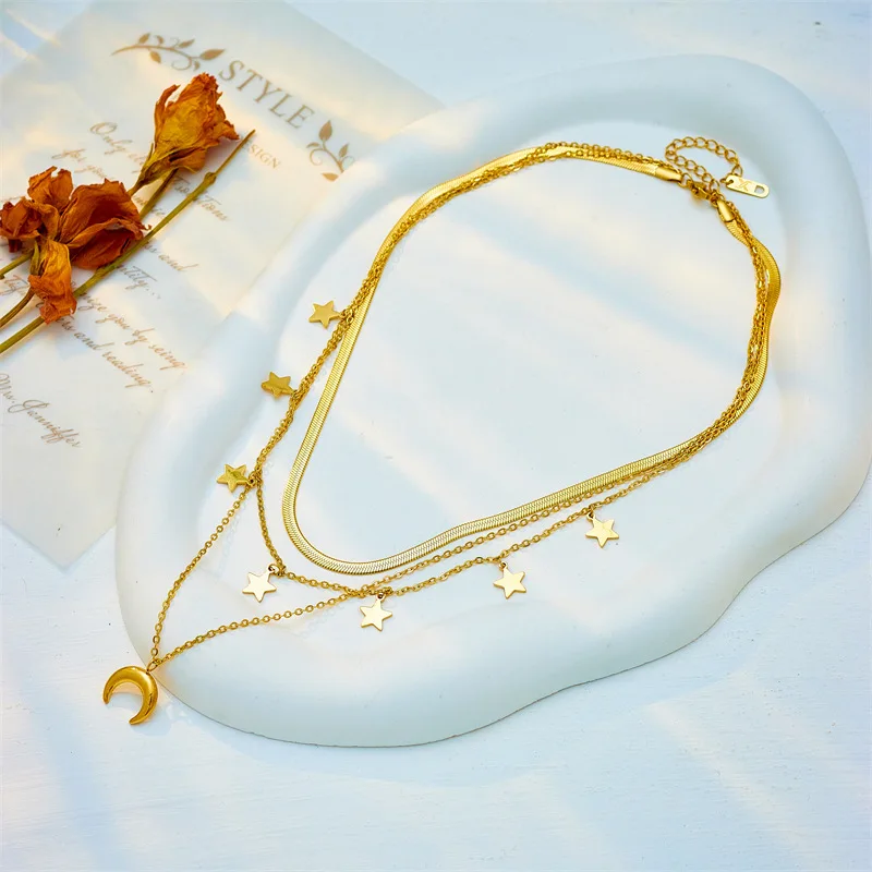 OIMG 316L Stainless Steel Gold Plated Multilayer Chain Moon Star Tassel Pendant Long Necklace For Women Party Jewelry Waterproof