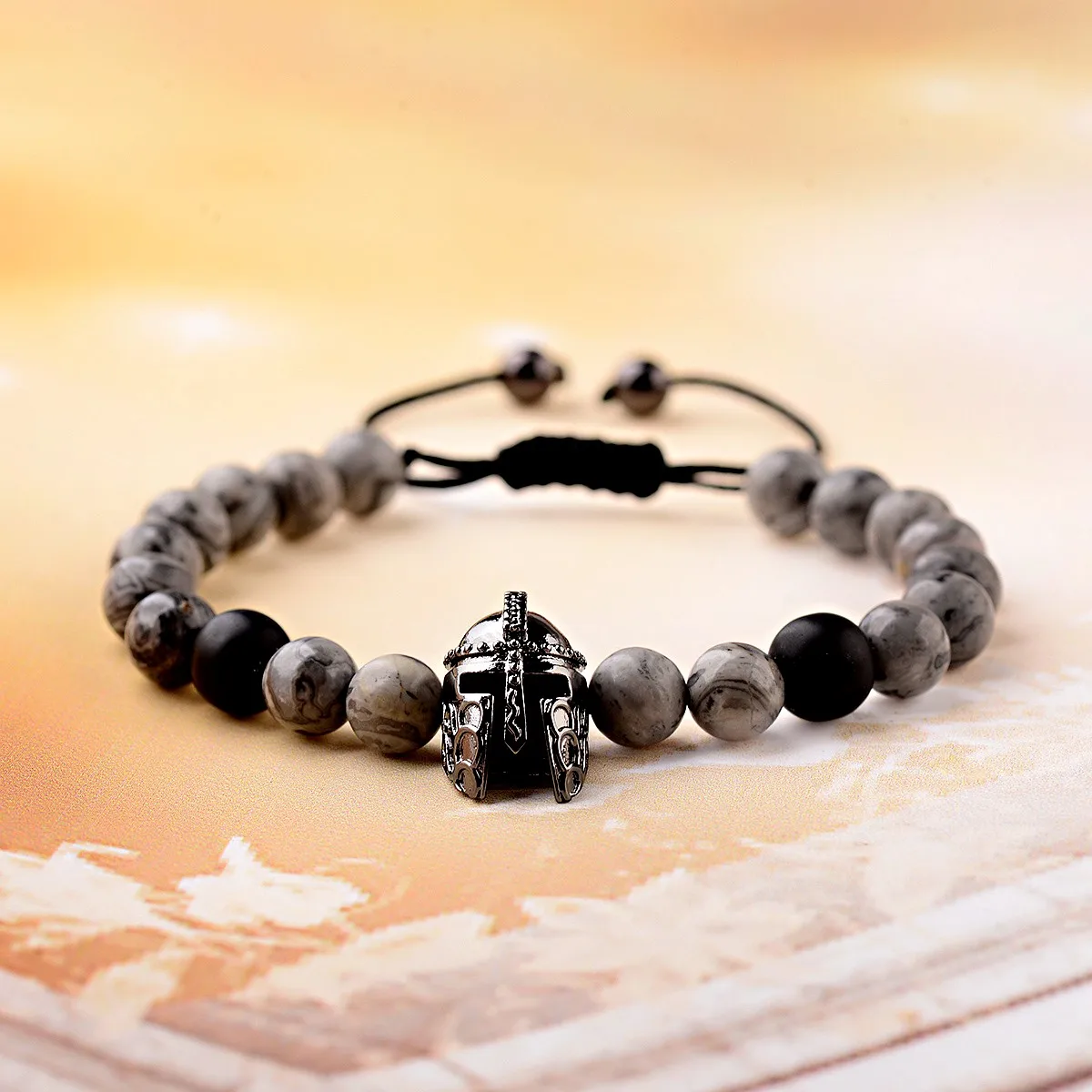 Charm Men Black Copper Knight Warrior Gladiator Helmet Bracelet Luxury Gray Marble Stone Bead Braided Bracelets Pulseras