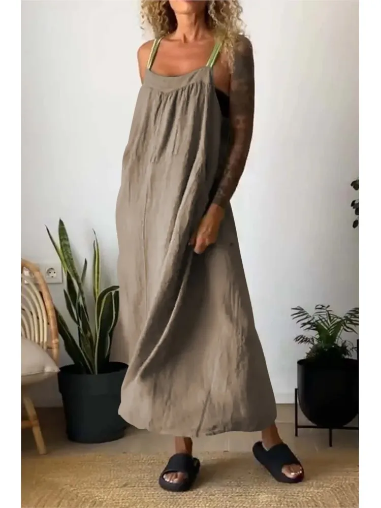 Vestido feminino solto sólido para suspensão de linho, vestido longo sem encosto, sem mangas, bolso boho maxi dress, primavera verão