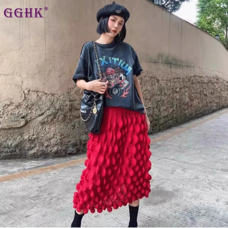 

GGHK Pleated Women Half Skirt Solid Color High Waist Slim Pod Design Loose Large Size Fashion Bubble Skirt 2025 Summer New