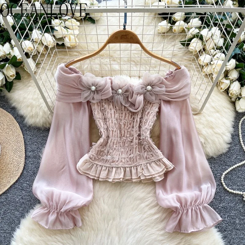

OCEANLOVE Short Blouses Slash Neck Ruffles Beading Spring Autumn Woman Shirts Korean Fashion Flare Sleeve Elegant Blusas