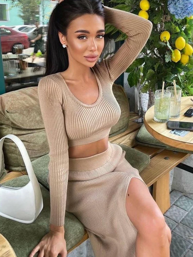 Knitted Sweater Skirt Sets Women Autumn Y2K Fashion Long Sleeve Crop Top Pullovers Elegant Sexy Split Long Skirt Two Piece Sets