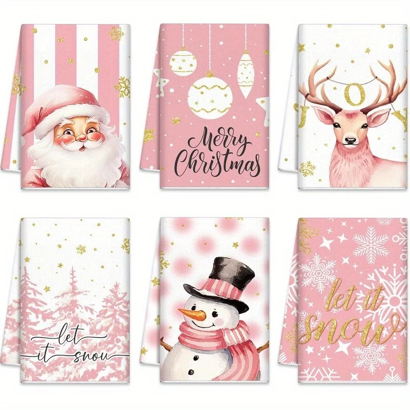 6 pink Christmas kitchen towels - Winter Snowman and Santa Claus 