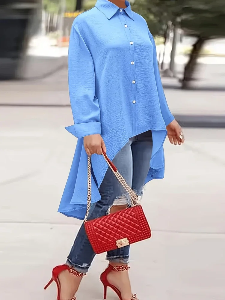 Camisa informal holgada de manga larga para mujer, Tops con solapa de un solo pecho, Color sólido, talla grande, primavera y verano, 2025