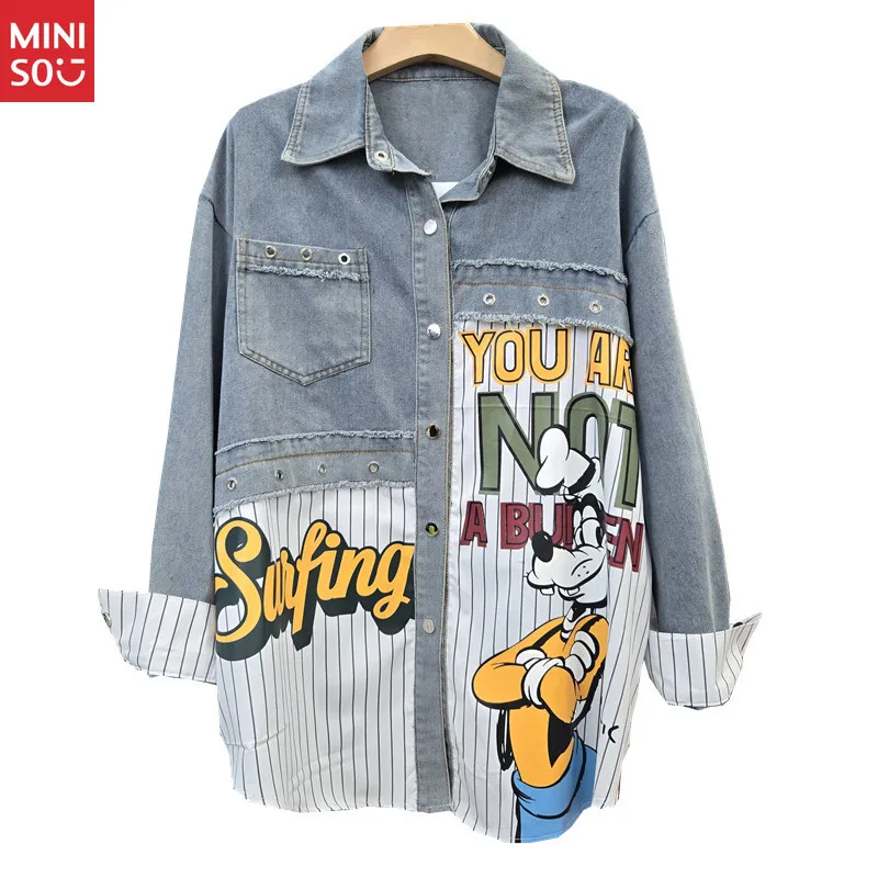 

Goods Large Version Loose Splicing Denim Cartoon Printing Women's Clothing Autumn Fried Street Tooling Long-sleeved Shirt