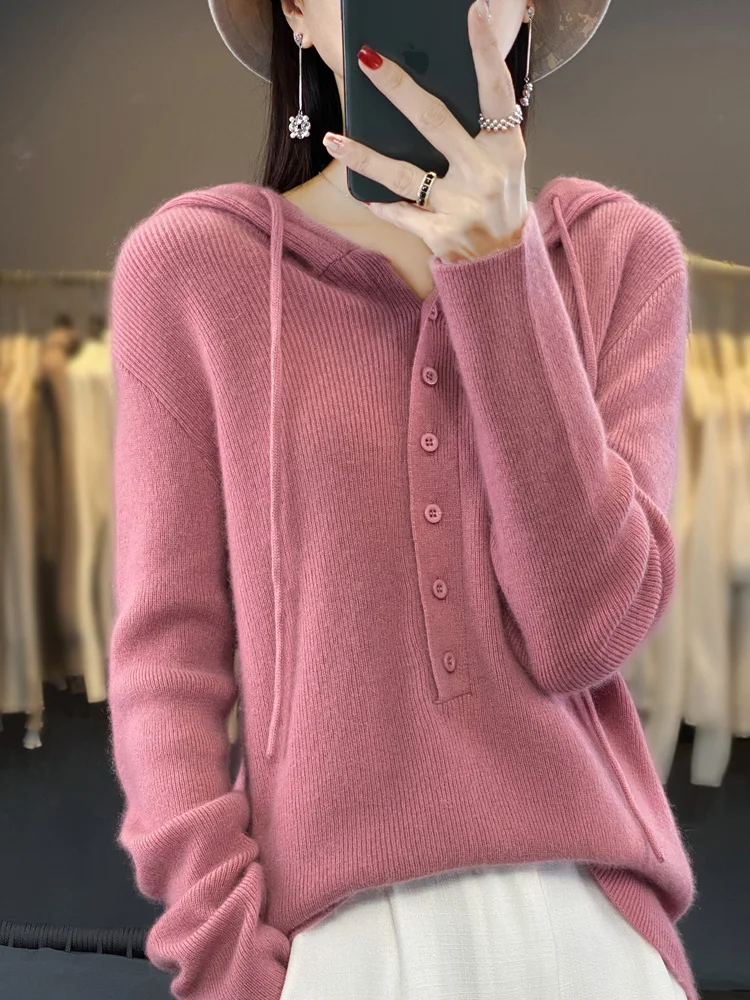 Fashion Spring Autumn Women Sweater Hoodie Long Sleeve Pullover 100% Merino Wool Soft Comfort Knitted Jumper Female Clothing