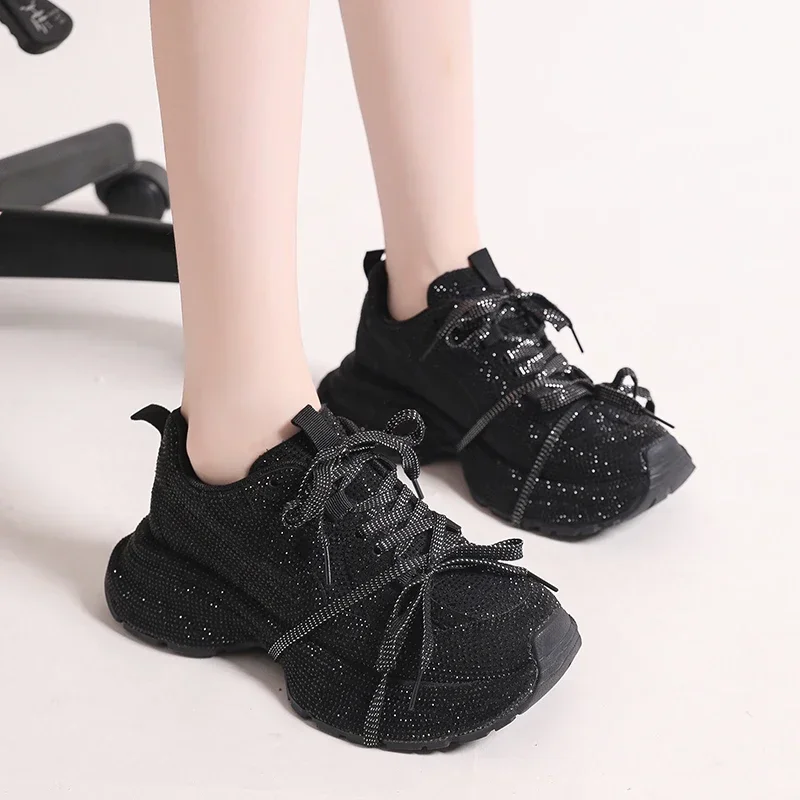 5cm Genuine Leather Rhinestone Bling Chunky Sneakers Spring Autumn Rubber Soles Breathable Platform Wedge Women Fashion Shoes