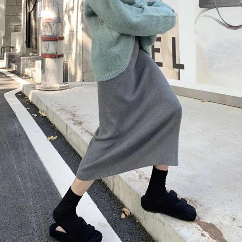 Knitted Midi Skirts for Women Autumn Winter Minimalist Tender Office Ladies Y2k 6 Colors Stylish Elegant Slim All-match Retro